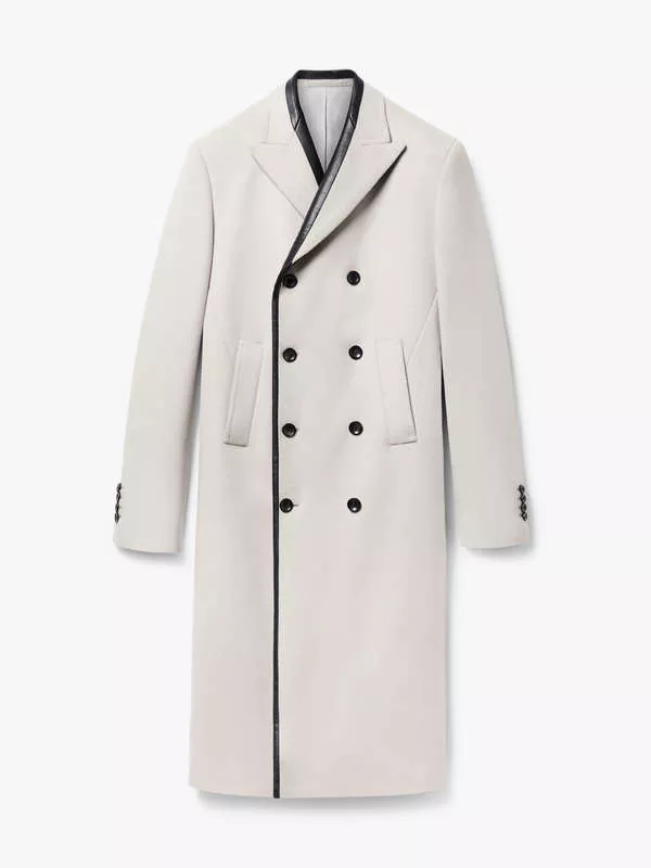 WOOL-BLEND COAT WITH LEATHER DETAILING IN MASTIC