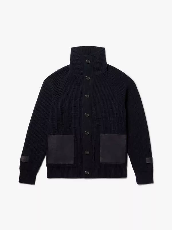 WOOL-BLEND CARDIGAN WITH LEATHER DETAILING IN NAVY BLUE