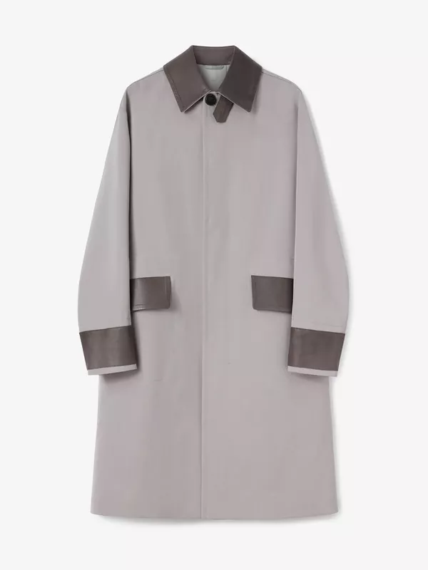 WOOL-BLEND TRENCH COAT WITH LEATHER DETAILS IN TAUPE AND LIGHT GREY
