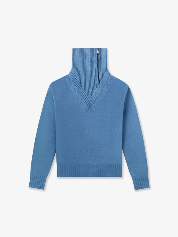 WOOL-BLEND DOUBLE-COLLAR SWEATER IN SMOKED PRUSSIAN