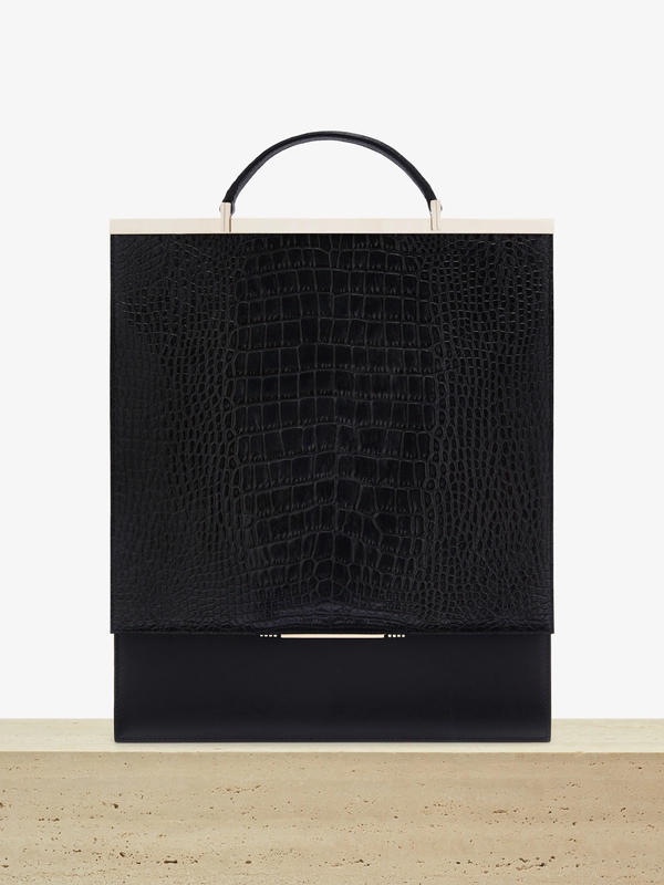 LEATHER  SHOULDER BAG WITH CROC-PRINT EFFECT IN BLACK & ANTHRACITE